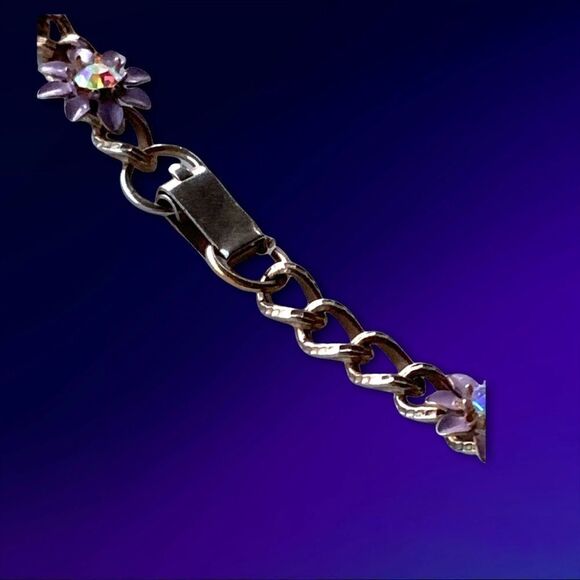 Vintage enamel lavender metal flower ab crystal  floral link necklace 15” - Picture 13 of 14